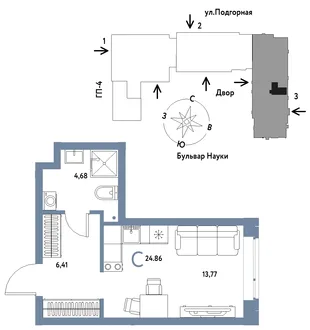 Планировка Студия, 24.86 м² ЖК «Авторский»