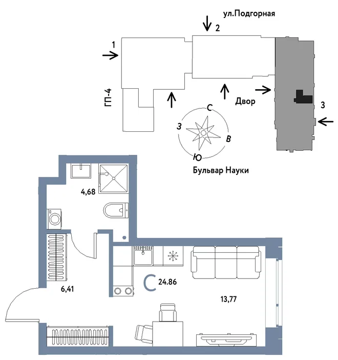Планировка Студия, 24.86 м² ЖК «Авторский»