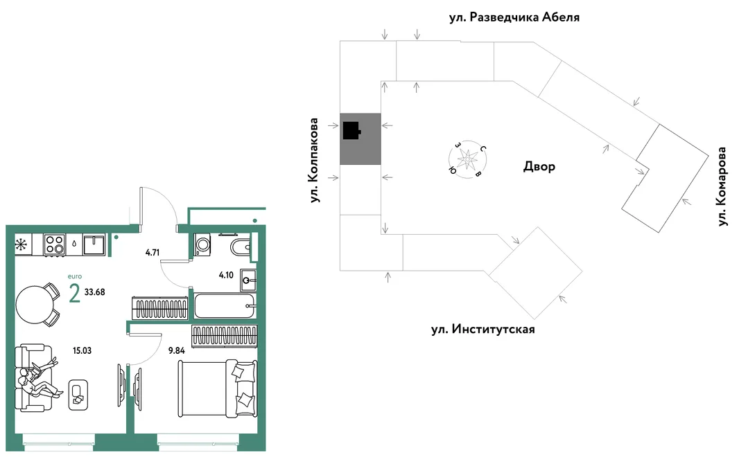 Планировка 2-комн. квартира, 33.68 м² ЖК «Страна.Парковая»