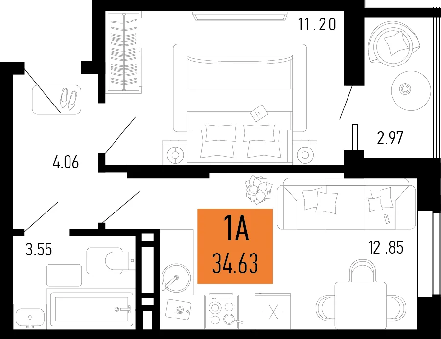 Планировка 1-комн. квартира, 34.63 м² ЖК «Столицыно»