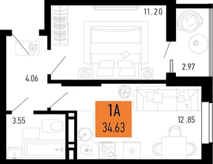 Планировка 1-комн. квартира, 34.63 м² ЖК «Столицыно»
