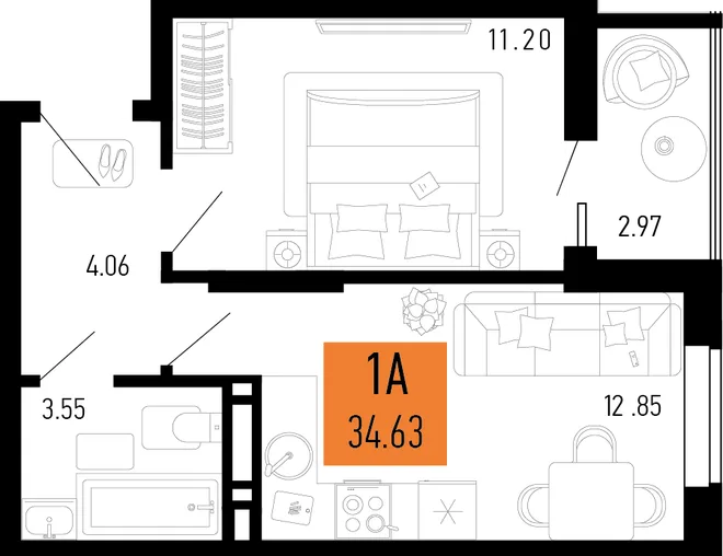 Планировка 1-комн. квартира, 34.63 м² ЖК «Столицыно» Планировка 1-комн. квартира, 34.63 м² ЖК «Столицыно»