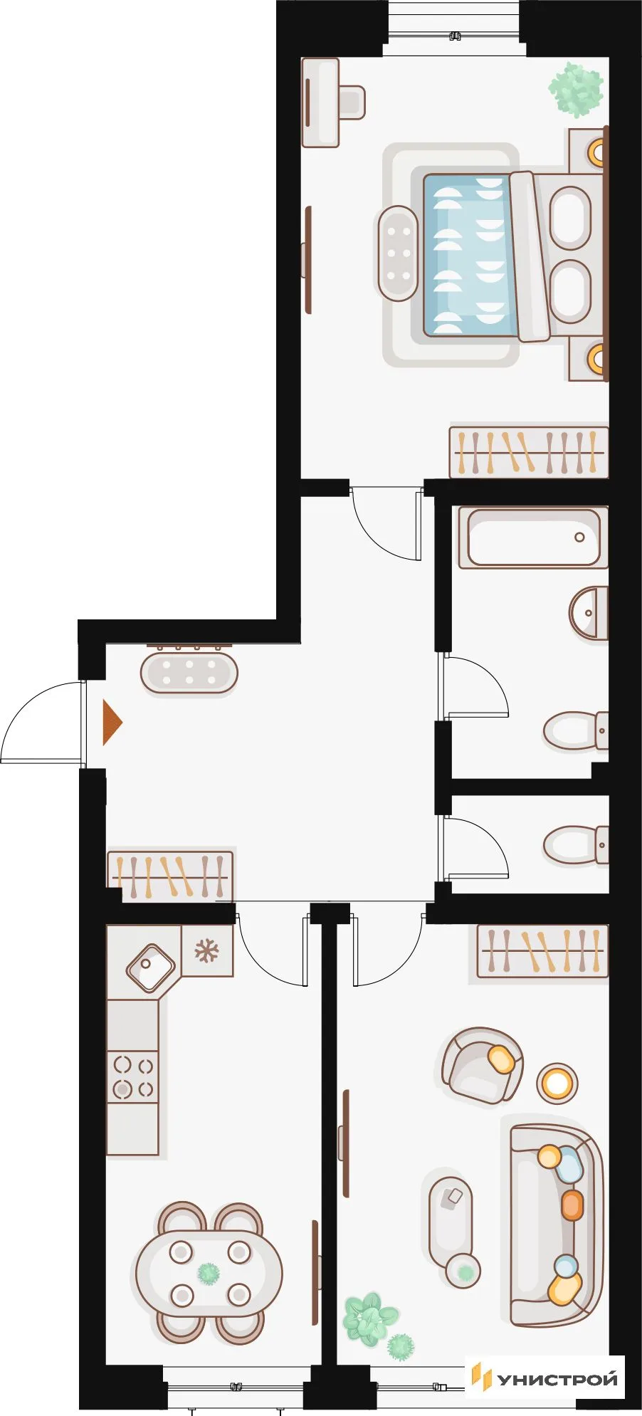 Планировка 2-комн. квартира, 66.55 м² ЖК «Жилой кластер Q на Кулагина»