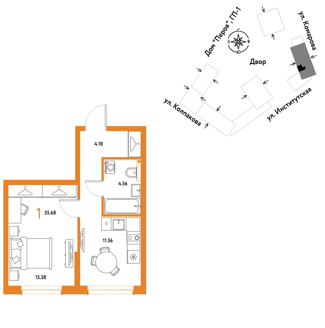 Планировка 1-комн. квартира, 35.68 м² ЖК «Страна.Парковая»