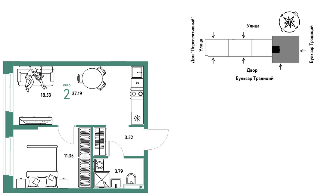 Планировка 2-комн. квартира, 37.19 м² ЖК «Микрорайон Домашний»