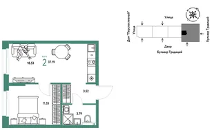 Планировка 2-комн. квартира, 37.19 м² ЖК «Микрорайон Домашний»