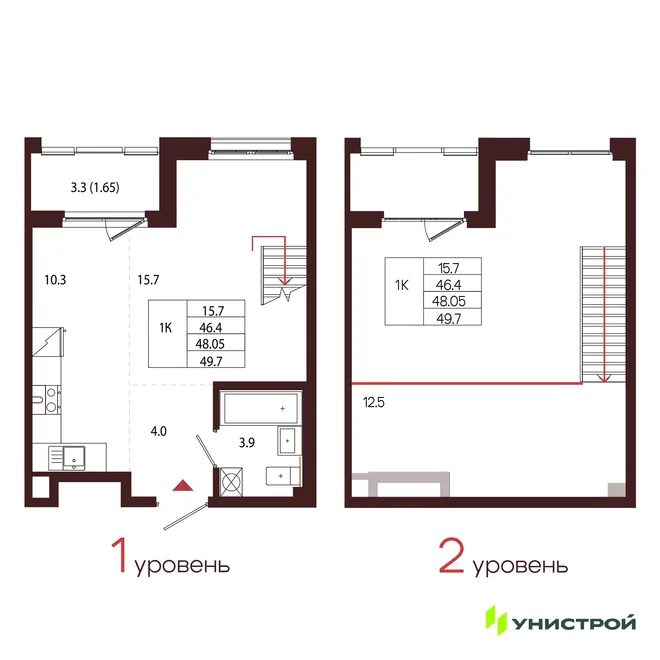 Планировка 1-комн. квартира, 48.05 м² ЖК «Лисино»