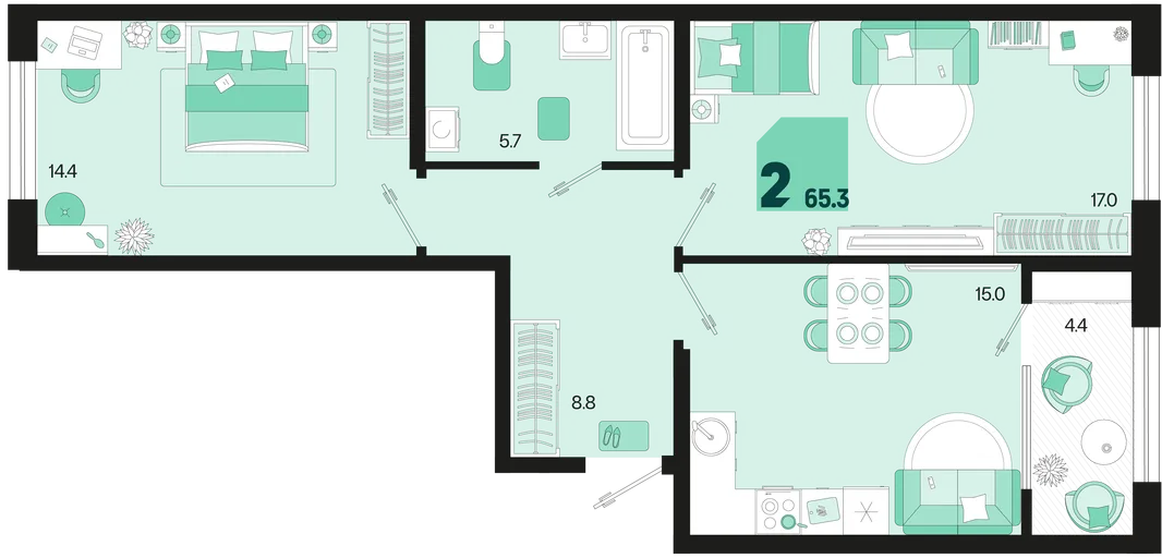 Планировка 2-комн. квартира, 65.3 м² ЖК «Первое место»