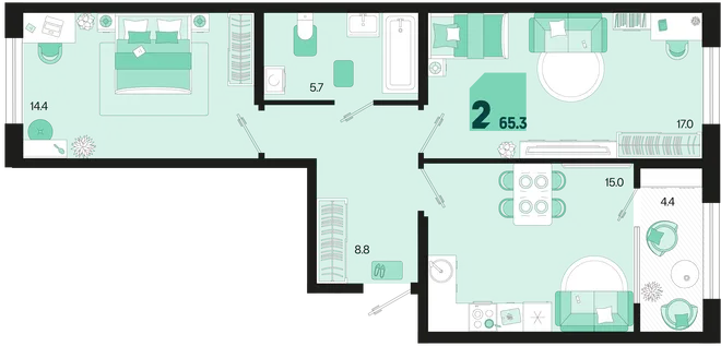 Планировка 2-комн. квартира, 65.3 м² ЖК «Первое место»