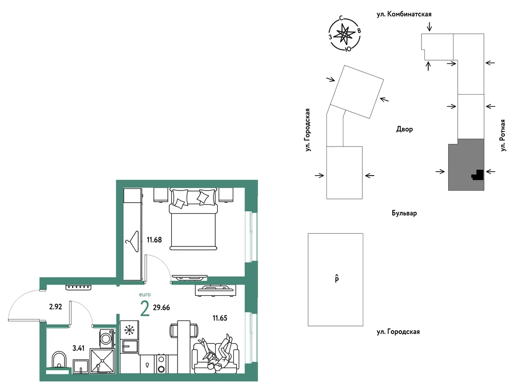 Планировка 2-комн. квартира, 29.66 м² ЖК «Уральский сад»