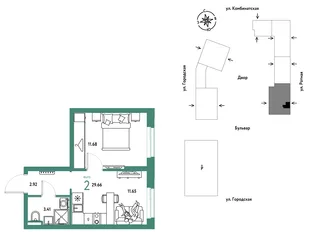 Планировка 2-комн. квартира, 29.66 м² ЖК «Уральский сад»