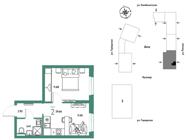Планировка 2-комн. квартира, 29.66 м² ЖК «Уральский сад» Планировка 2-комн. квартира, 29.66 м² ЖК «Уральский сад»
