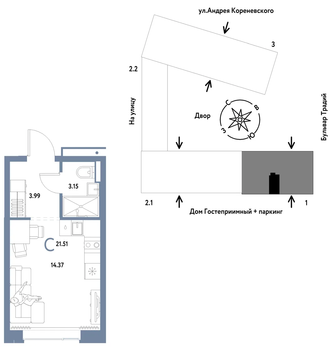 Планировка Студия, 21.51 м² ЖК «Микрорайон Домашний»