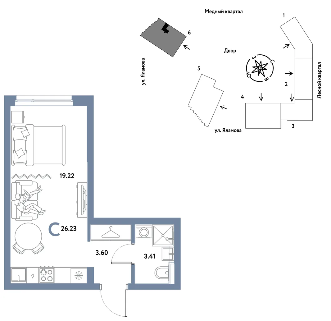 Планировка Студия, 26.23 м² ЖК «Сибирский сад»