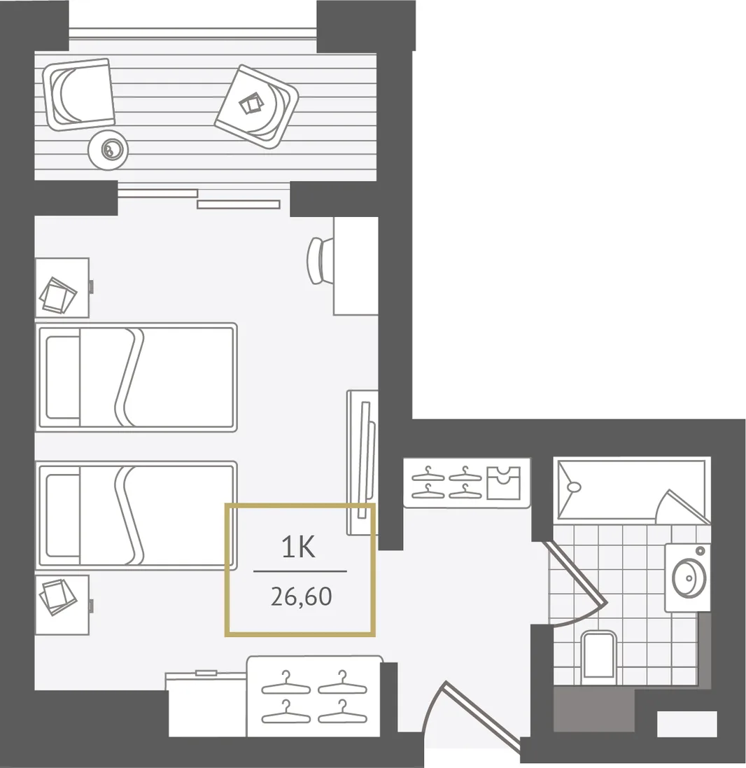 Планировка 1-комн. квартира, 27.3 м² ЖК «Гостиничный комплекс Greenmont»