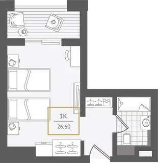 Планировка 1-комн. квартира, 27.3 м² ЖК «Гостиничный комплекс Greenmont»