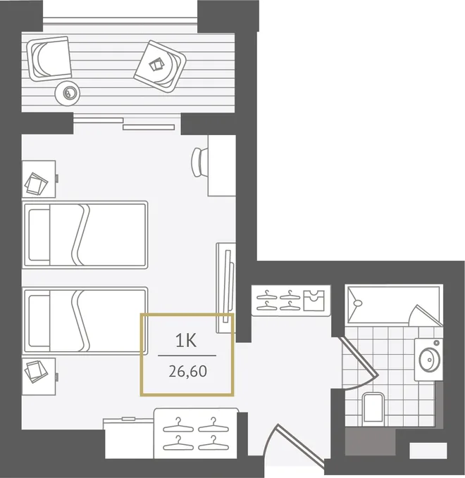Планировка 1-комн. квартира, 27.3 м² ЖК «Гостиничный комплекс Greenmont»