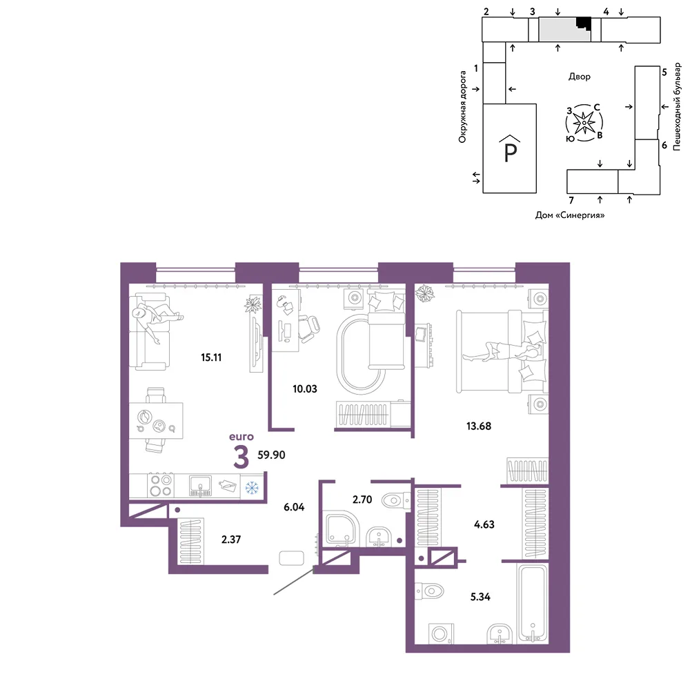 Планировка 3-комн. квартира, 59.9 м² ЖК «Юнион»