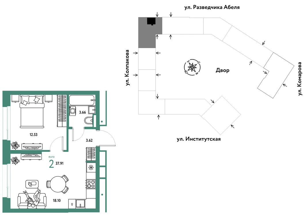 Планировка 2-комн. квартира, 37.91 м² ЖК «Страна.Парковая»