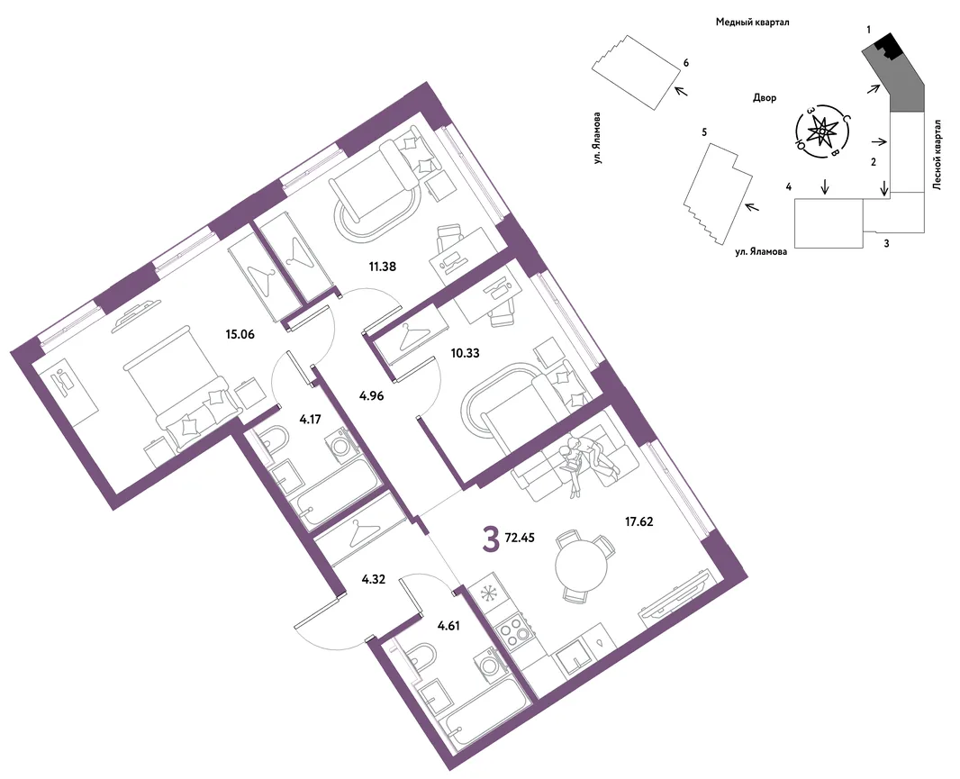 Планировка 3-комн. квартира, 72.45 м² ЖК «Сибирский сад»