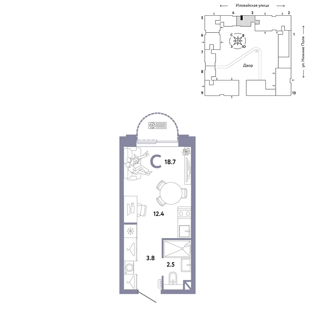 Планировка Студия, 18.7 м² ЖК «Страна.Заречная»