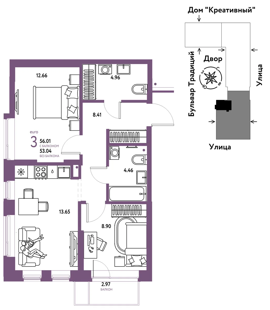 Планировка 3-комн. квартира, 56.01 м² ЖК «Микрорайон Домашний»