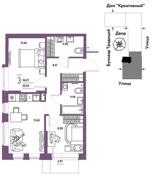 Планировка 3-комн. квартира, 56.01 м² ЖК «Микрорайон Домашний»