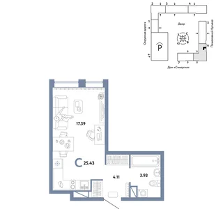 Планировка Студия, 25.43 м² ЖК «Юнион»