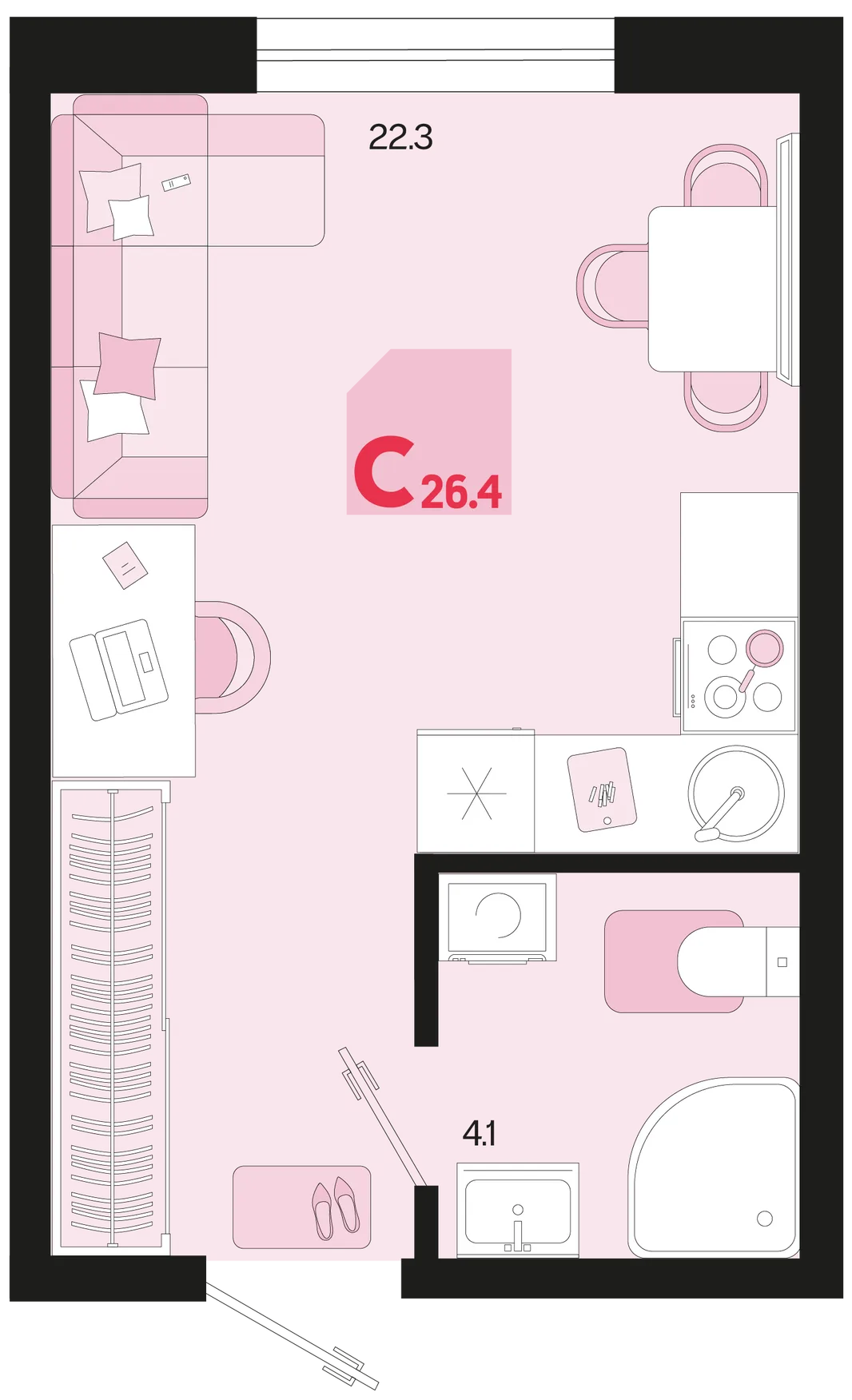 Планировка Студия, 26.4 м² ЖК «Первое место»