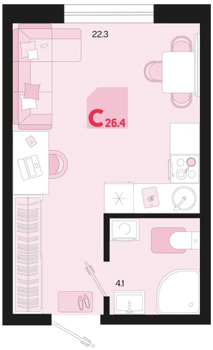 Планировка Студия, 26.4 м² ЖК «Первое место»