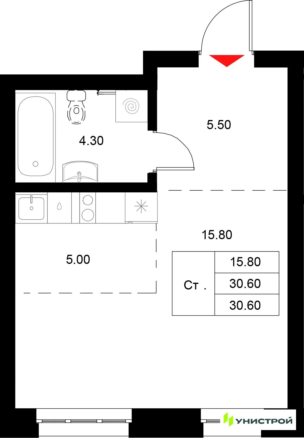 Планировка 1-комн. квартира, 30.6 м² ЖК «Уникод на Технической»