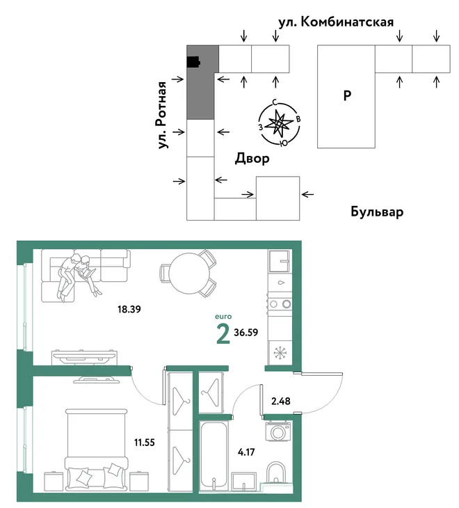 Планировка 2-комн. квартира, 36.59 м² ЖК «Уральский сад» Планировка 2-комн. квартира, 36.59 м² ЖК «Уральский сад»