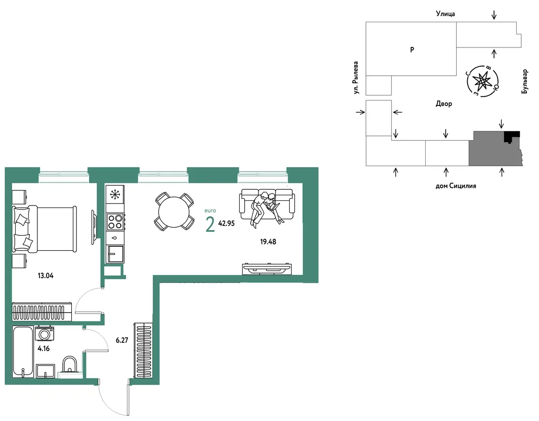 Планировка 2-комн. квартира, 42.95 м² ЖК «Остров-сад»