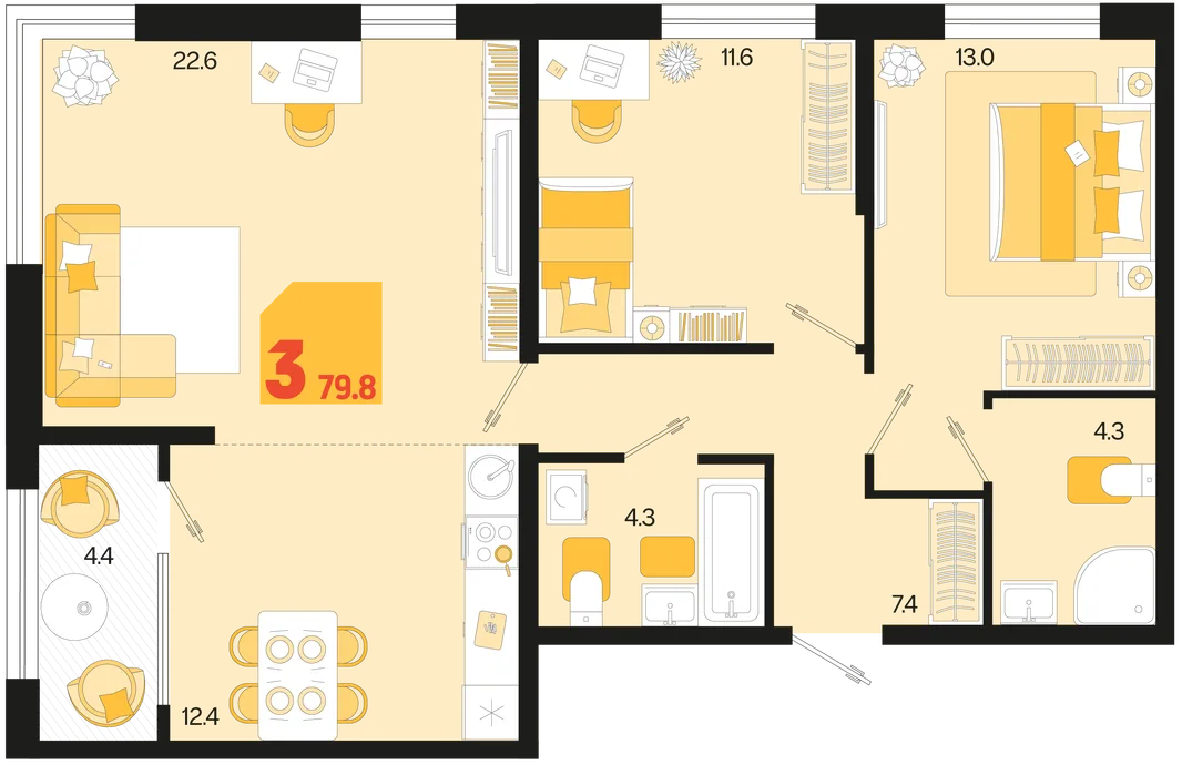 Планировка 3-комн. квартира, 79.8 м² ЖК «Первое место»