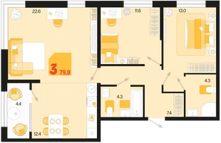 Планировка 3-комн. квартира, 79.8 м² ЖК «Первое место»