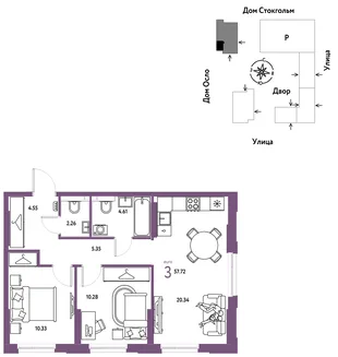 Планировка 3-комн. квартира, 57.72 м² ЖК «Европейский берег 2.0»
