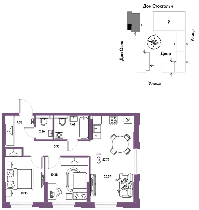 Планировка 3-комн. квартира, 57.72 м² ЖК «Европейский берег 2.0» Планировка 3-комн. квартира, 57.72 м² ЖК «Европейский берег 2.0»