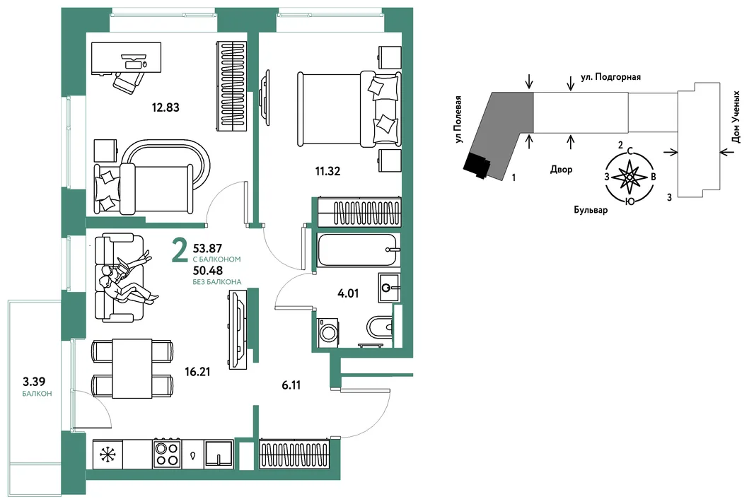 Планировка 2-комн. квартира, 53.96 м² ЖК «Авторский»
