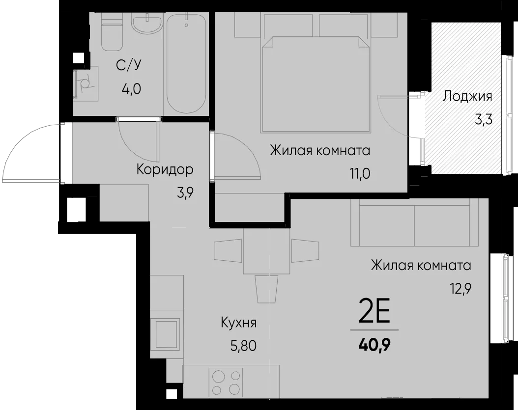 Планировка 2-комн. квартира, 42.3 м² ЖК «Васильевский остров»