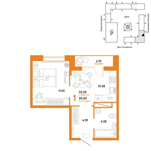 Планировка 1-комн. квартира, 33.39 м² ЖК «Юнион»