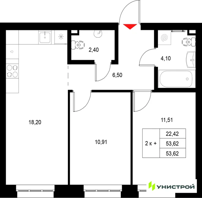 Планировка 2-комн. квартира, 53.62 м² ЖК «Уникод на Технической» Планировка 2-комн. квартира, 53.62 м² ЖК «Уникод на Технической»
