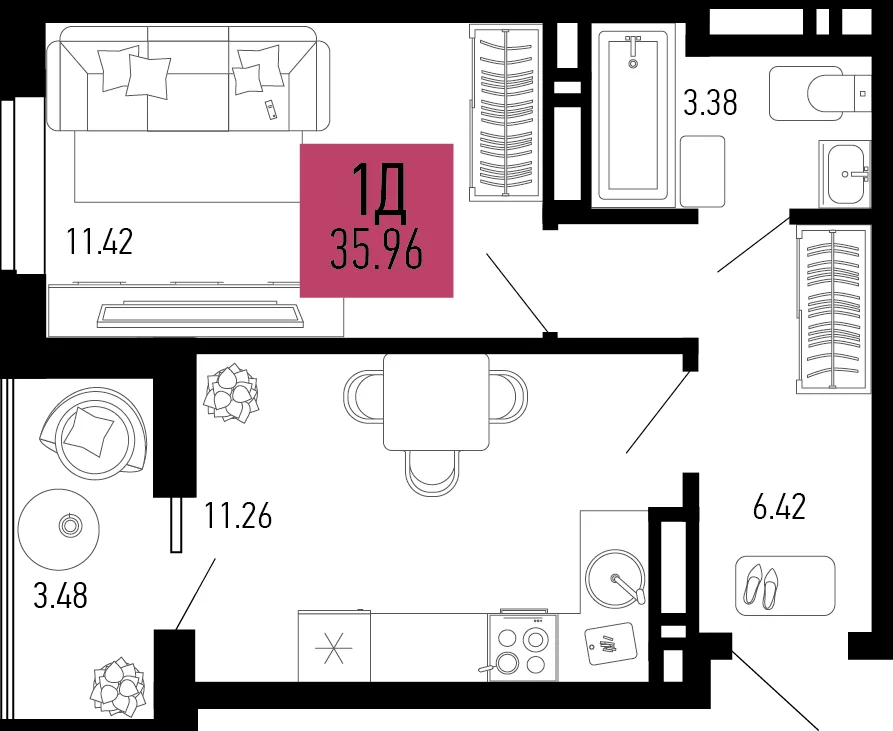 Планировка 1-комн. квартира, 35.96 м² ЖК «Столицыно»