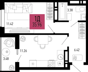Планировка 1-комн. квартира, 35.96 м² ЖК «Столицыно»