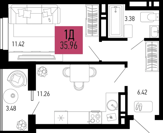 Планировка 1-комн. квартира, 35.96 м² ЖК «Столицыно» Планировка 1-комн. квартира, 35.96 м² ЖК «Столицыно»