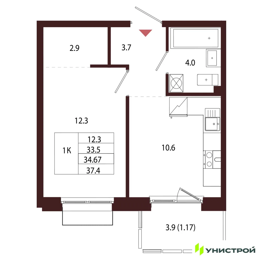 Планировка 1-комн. квартира, 34.67 м² ЖК «Лисино»