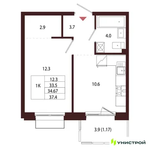 Планировка 1-комн. квартира, 34.67 м² ЖК «Лисино»