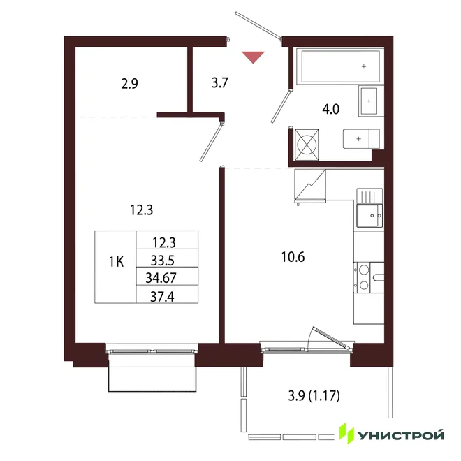 Планировка 1-комн. квартира, 34.67 м² ЖК «Лисино» Планировка 1-комн. квартира, 34.67 м² ЖК «Лисино»