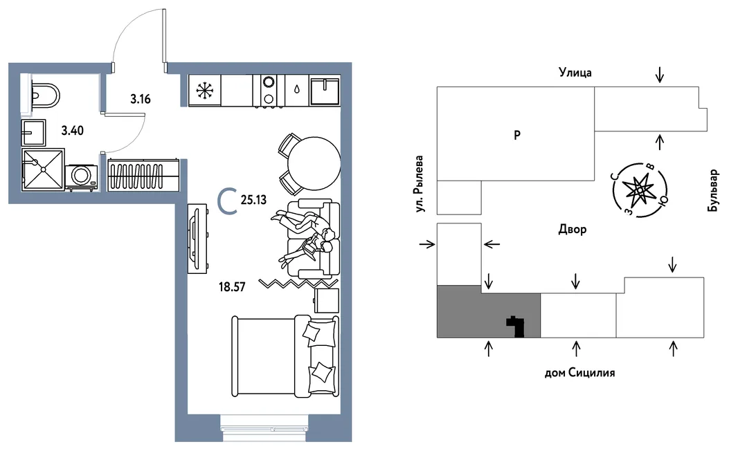 Планировка Студия, 25.13 м² ЖК «Остров-сад»