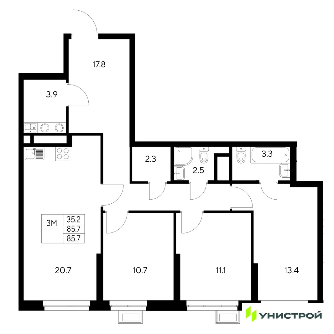 Планировка 3-комн. квартира, 85.7 м² ЖК «Стадиум»