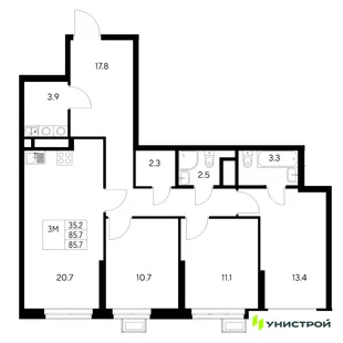 Планировка 3-комн. квартира, 85.7 м² ЖК «Стадиум»
